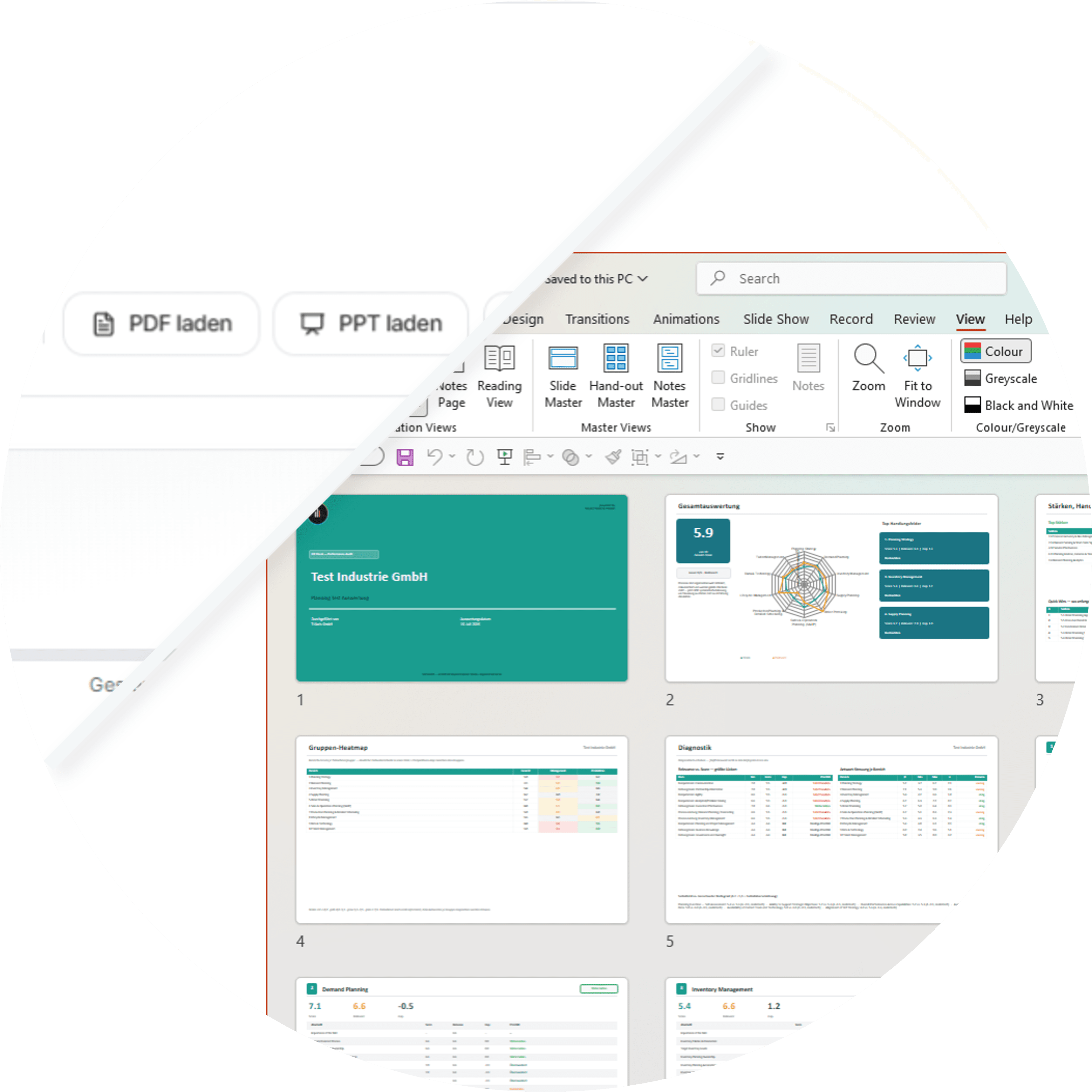 Titelfolie eines PowerPoint-Reports mit dem Logo einer Beratung